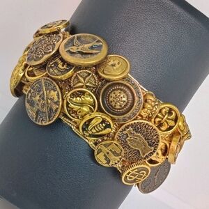 * Vintage Brass Buttons Gold Tone Elastic Bracelet